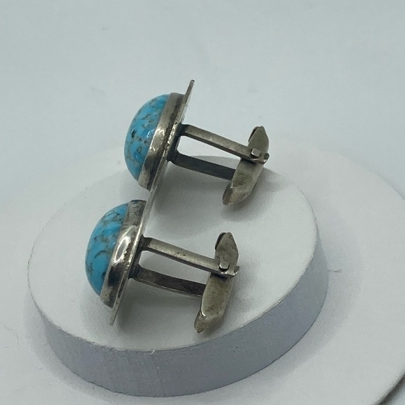 Vtg Turquoise Hubbell Glass Cabochon Silver Tone Cufflinks 1” - Picture 2 of 5